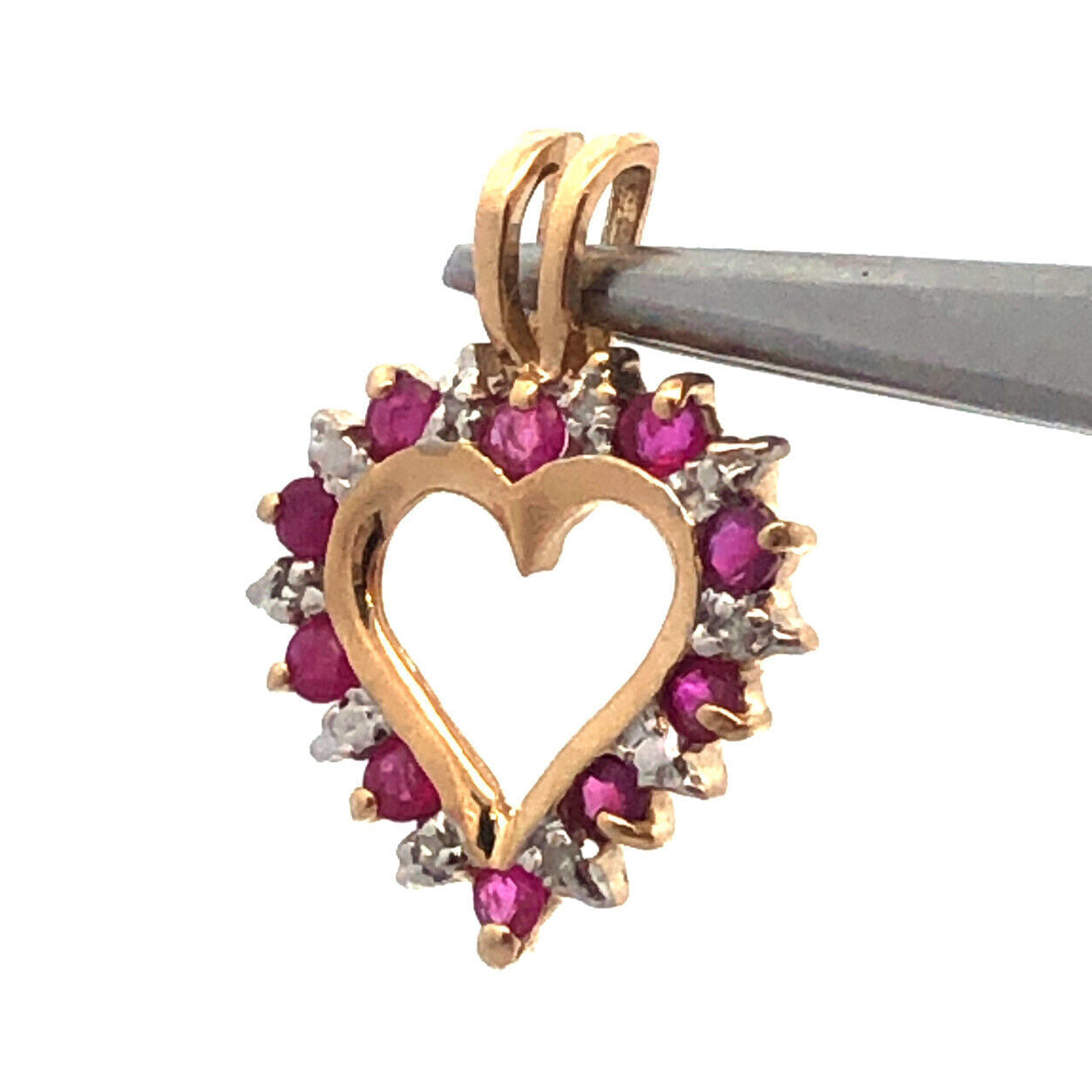 Designer CCC 10K Yellow Gold Round Ruby Diamond Cutout Love Heart Petite Pendant