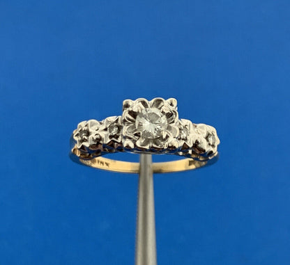Vintage 14K Yellow White Gold Diamond Solitaire Accents Two Tone Engagement Ring
