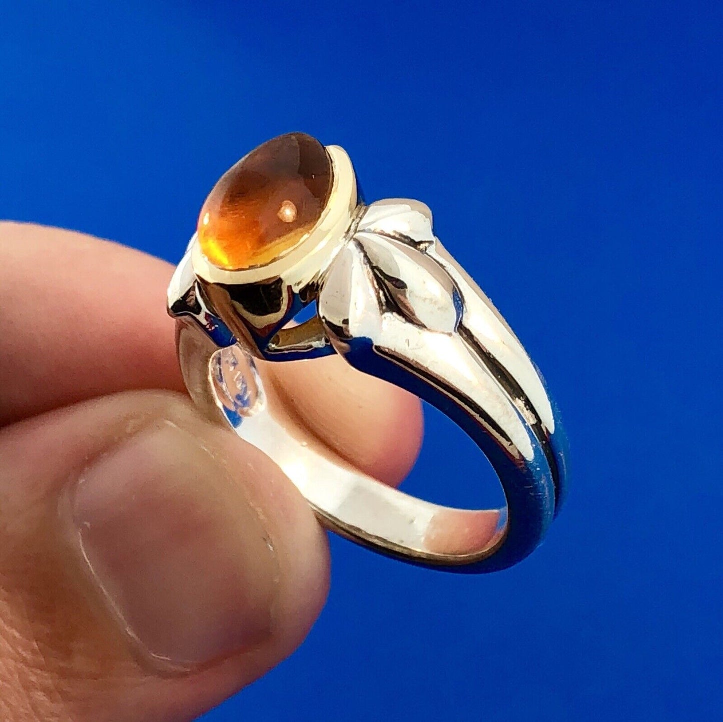 Designer Signed 925 Sterling Silver 18K Yellow Gold Citrine Pear Cabochon Ring