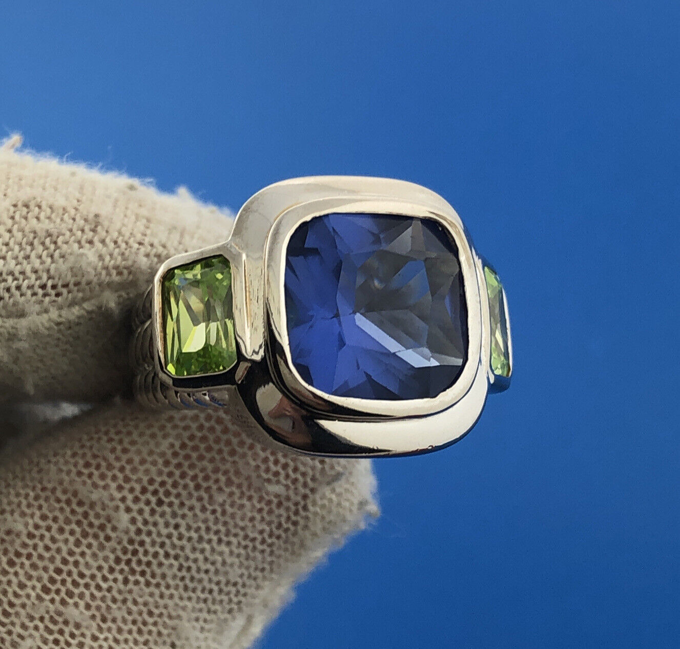 Stunning Sterling Silver 925 Indigo & Green Crystal Statement Ring Size 6.25