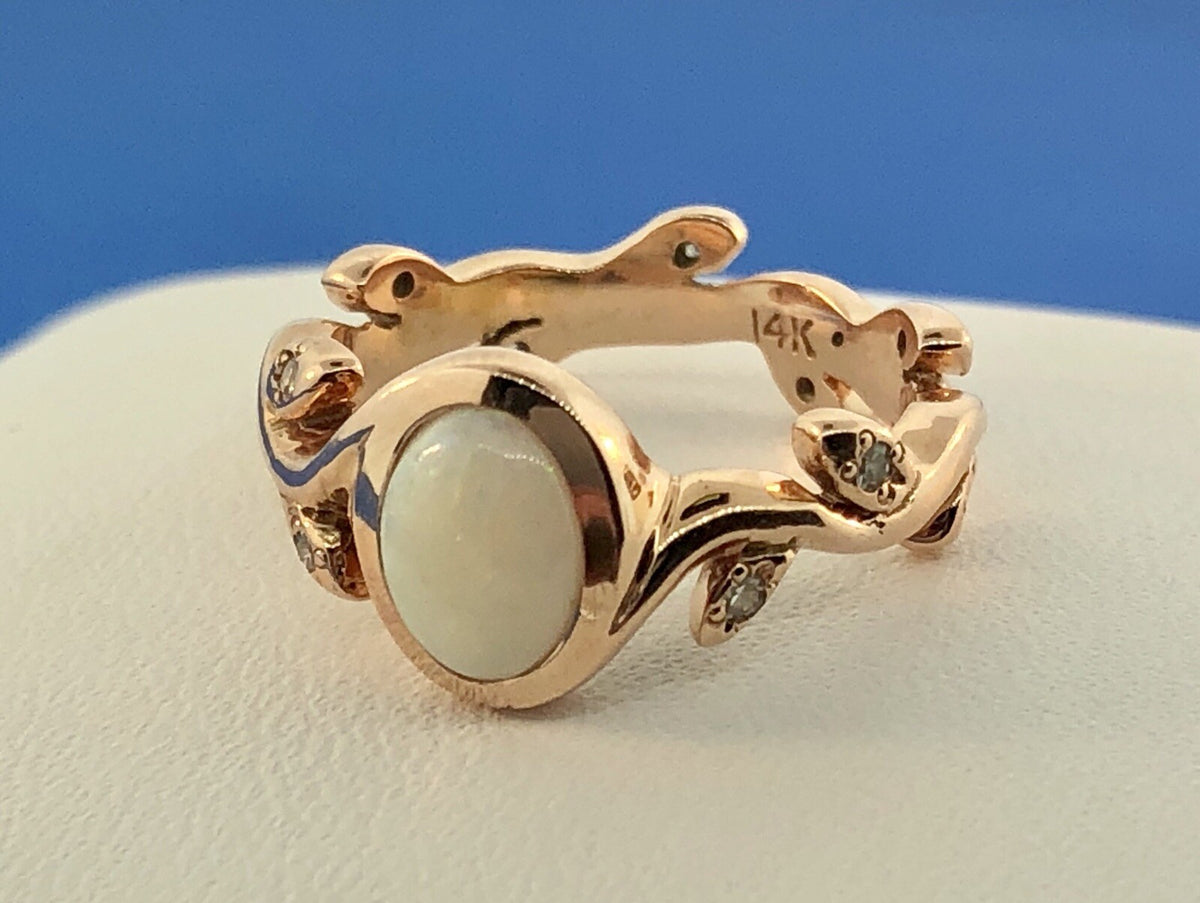 Unusual 14k Rose Gold Opal Diamond Vine Leaf Flower Motif Band Ring