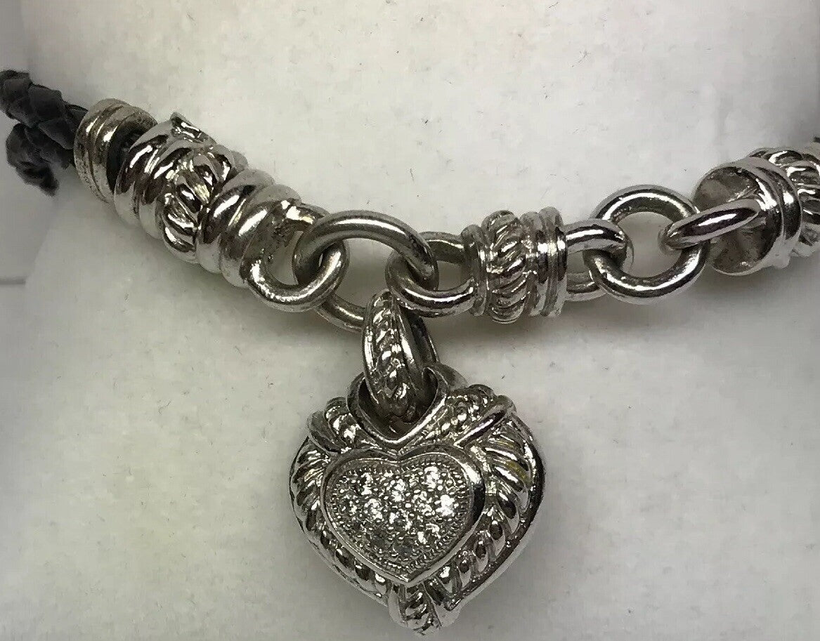 Judith Ripka Sterling Silver 925 Diamonique CZ Heart Charm Leather Bracelet