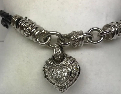 Judith Ripka Sterling Silver 925 Diamonique CZ Heart Charm Leather Bracelet