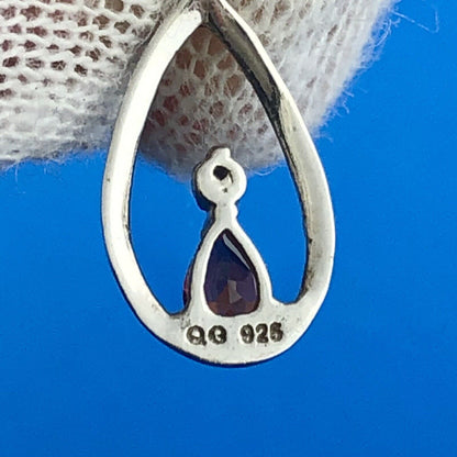 Designer QG Sterling Silver Garnet Diamond Openwork Teardrop Dangle Earrings