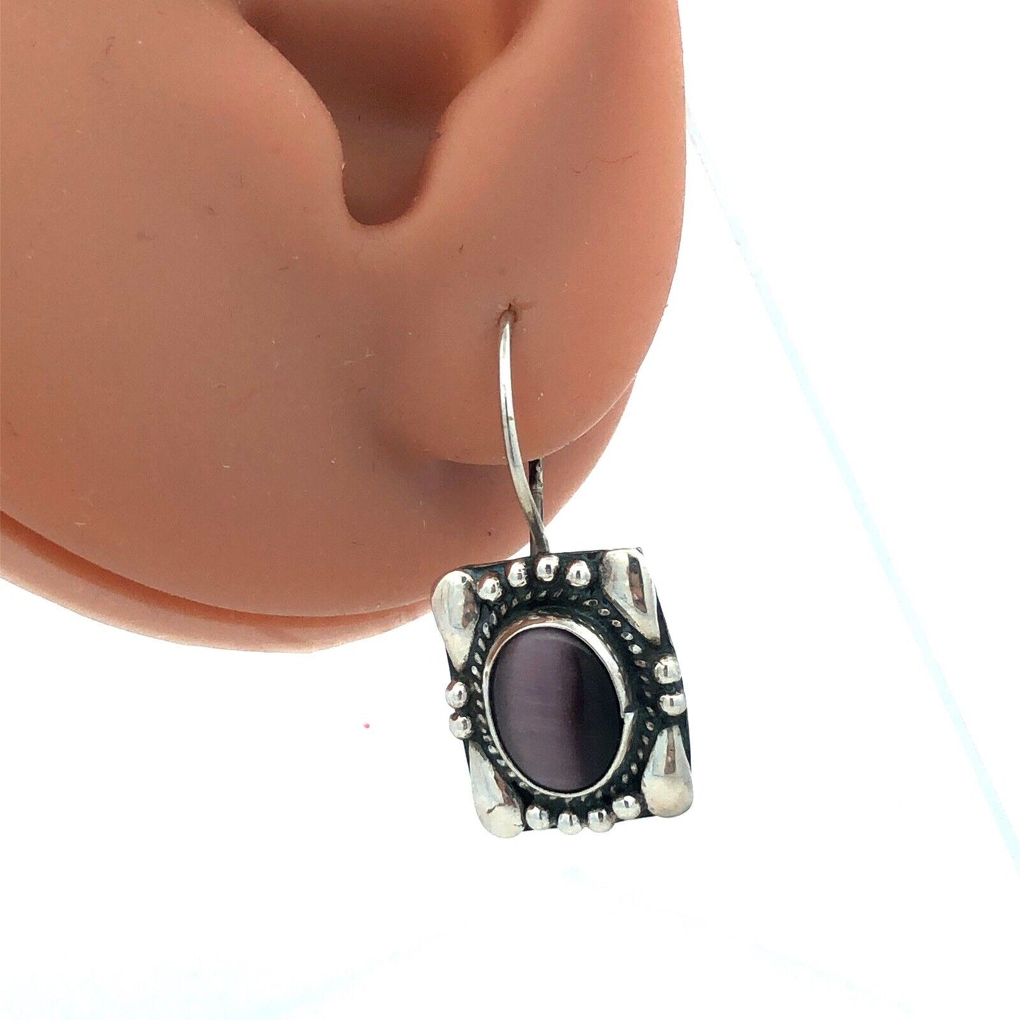 Designer Sterling Silver Oval Purple Cat Eye Cabochon Rectangle Hook Earrings