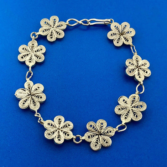 Retro 925 Sterling Silver Vermeil Two Toned Filigree Daisy Flower Panel Bracelet