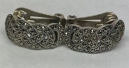 Art Deco 925 Sterling Silver Marcasite Open Work Basket Weave Clip Earrings