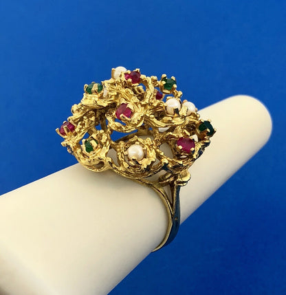 Vintage 18K Yellow Gold Ruby Emerald Pearl Christmas Tiered Dome Cocktail Ring