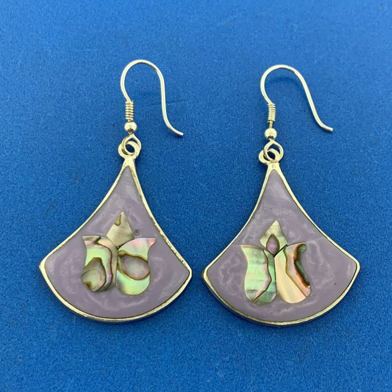 Vintage Mexican Alpaca Silver Abalone Purple Enamel Drop Dangle Earrings