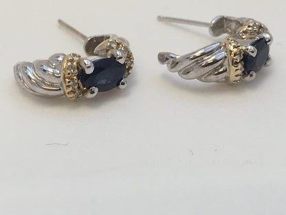 Stunning 14K White Yellow Gold Oval Sapphire Diamond Half Hoop Earrings