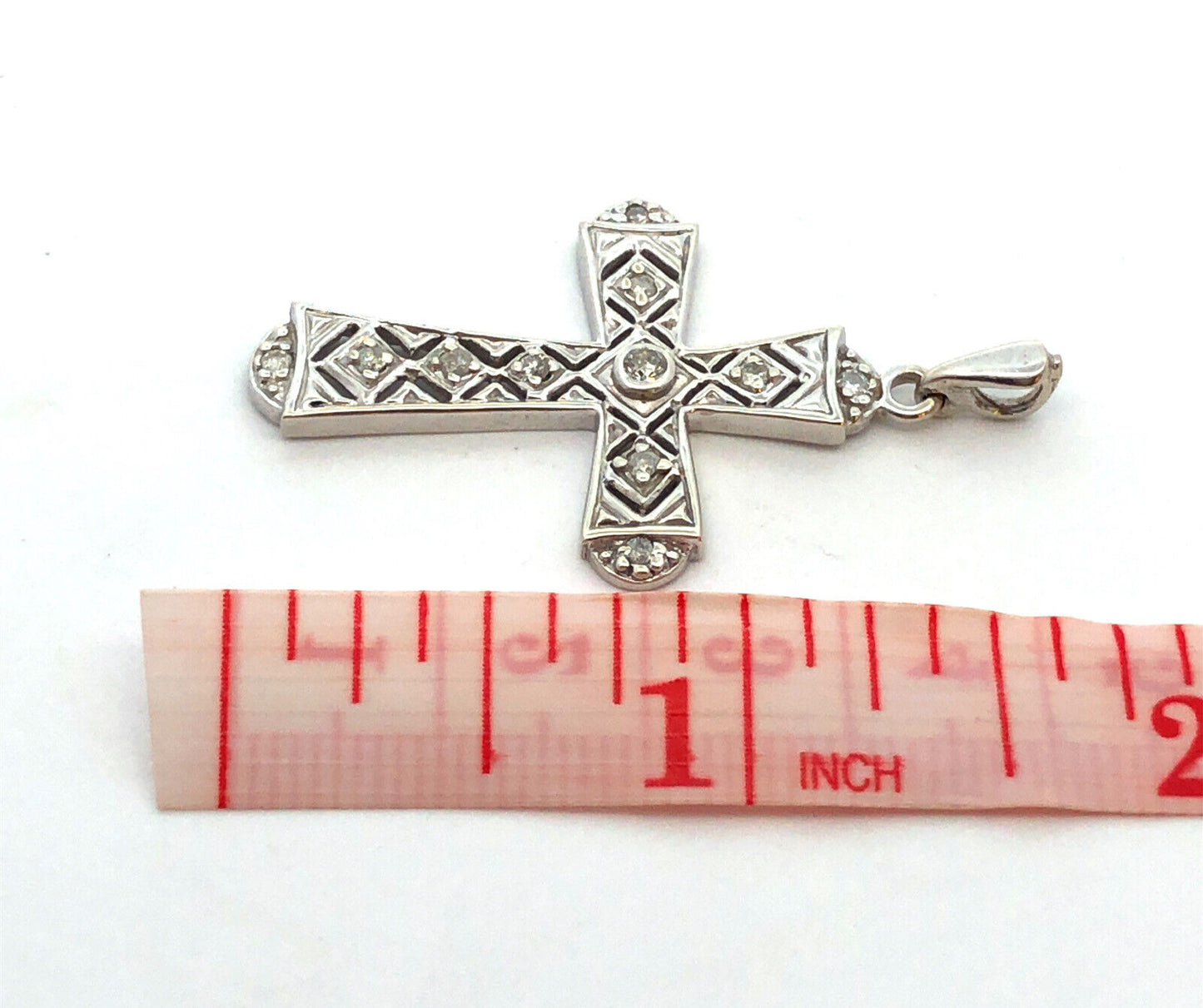 Designer 10K White Gold Diamond Accented Open Work Statement Cross Pendant