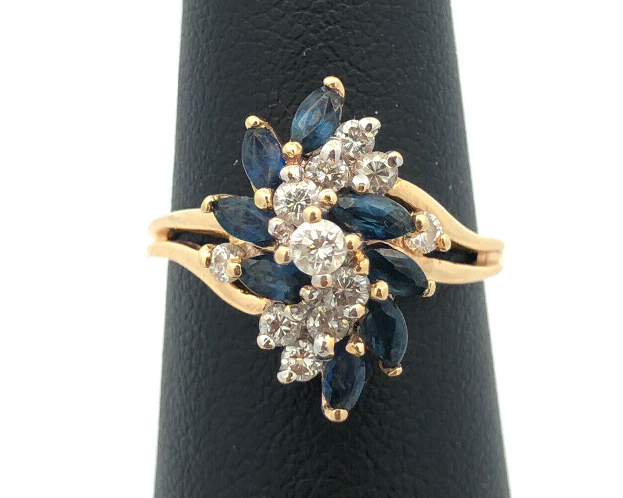 Designer 14K Yellow Gold Diamond Sapphire Wave Waterfall Cluster Cocktail Ring