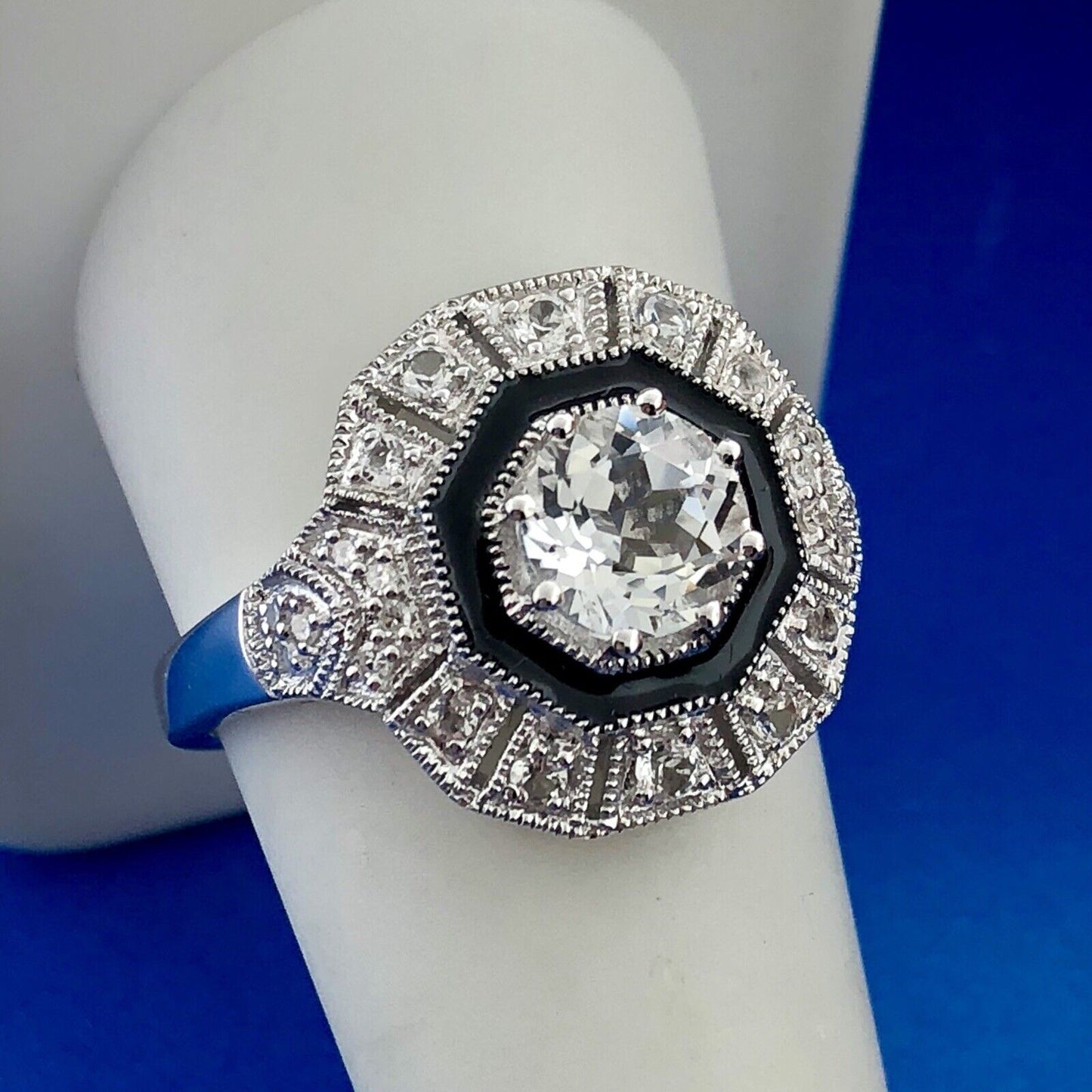 Designer Clyde Duneier CID 925 Sterling Silver White Topaz Diamond Enamel Ring