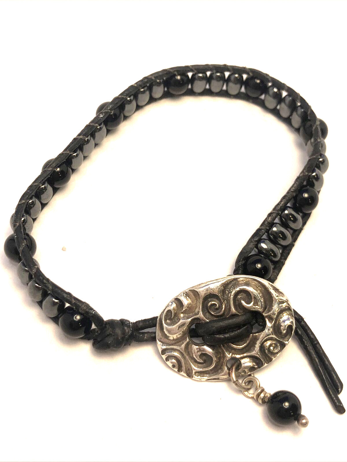 Unisex 999 Fine Silver Medallion Black Onyx Hematite Bead Black Leather Bracelet