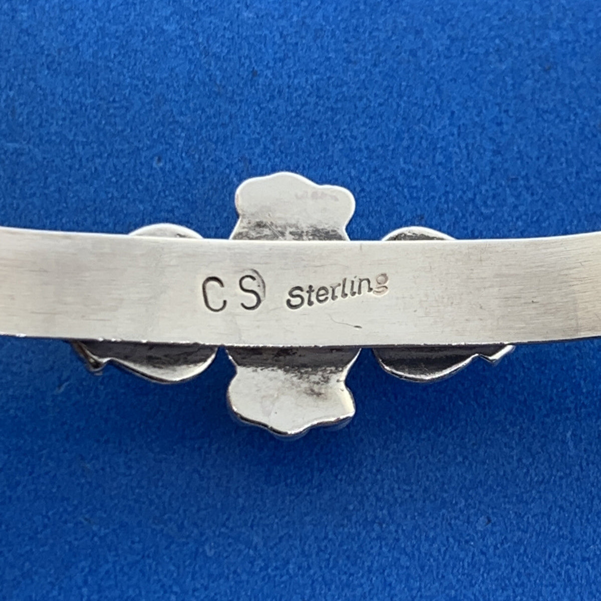 Native American CS Sterling Silver 925 Oval Synthetic Opal Heart Cuff Bracelet