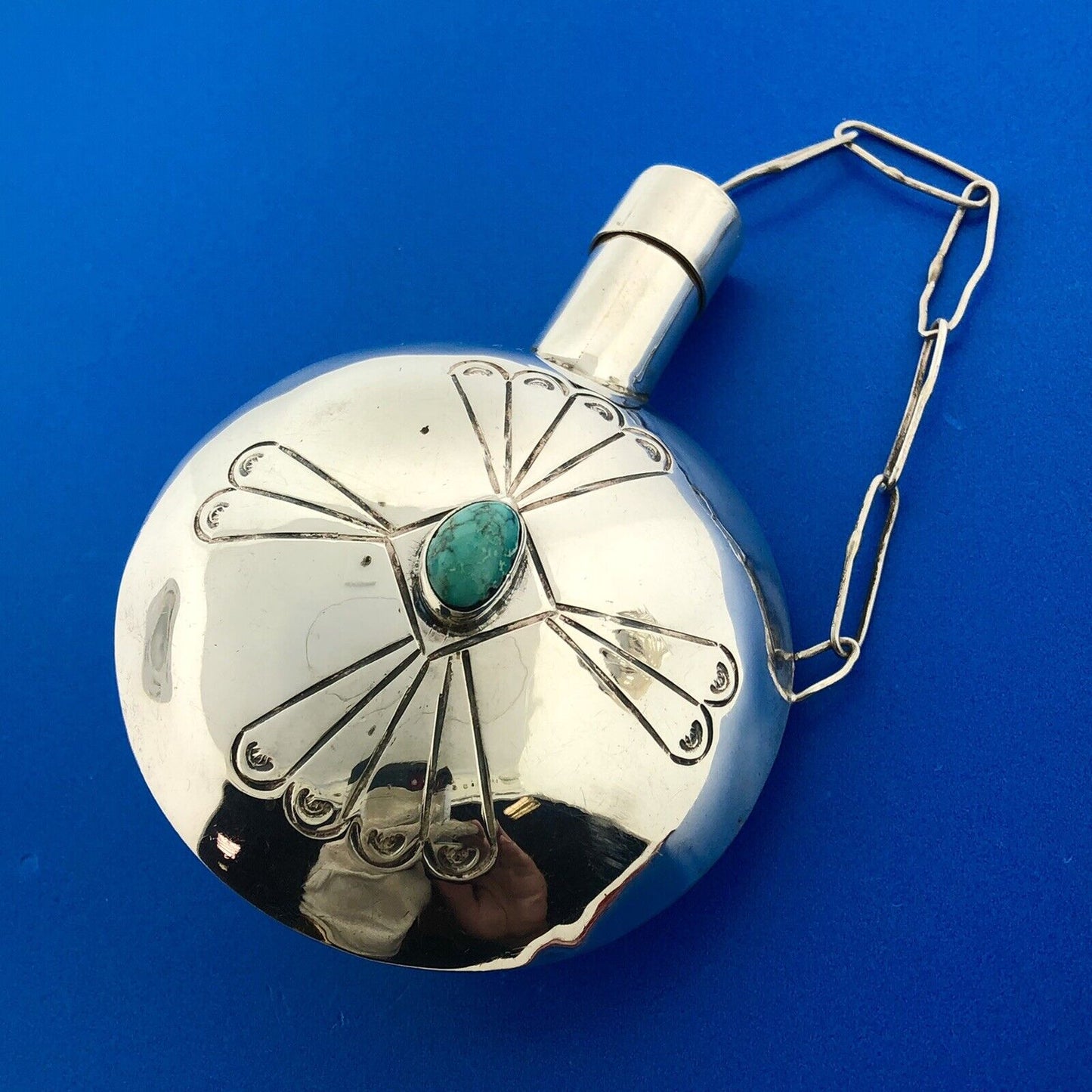 Native American 925 Sterling Silver Turquoise Hand Stamped Tobacco Flask Canteen
