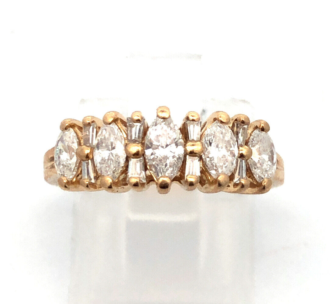 Designer 14K Yellow Gold Marquise & Baguette Diamond Anniversary Band Ring