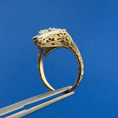 Art Deco 14K Yellow White Gold Diamond Open Work Filigree Cocktail Ring