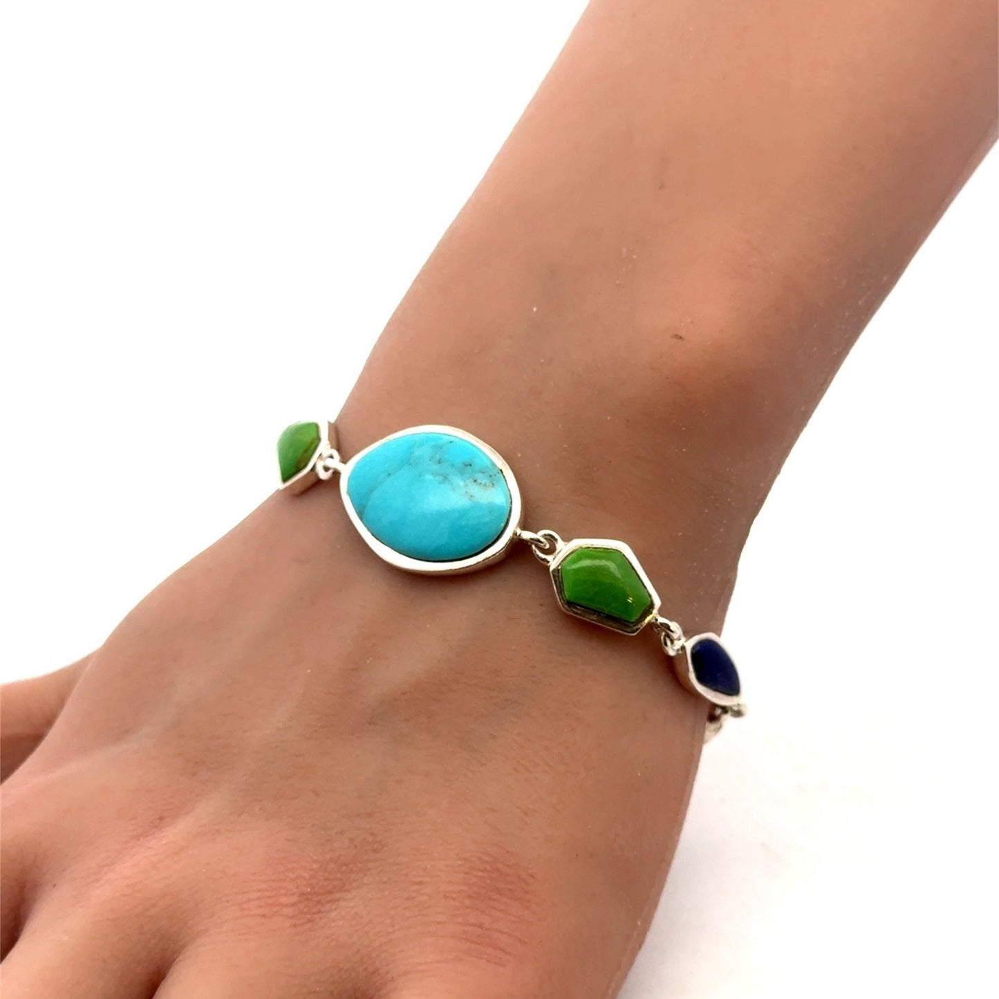 Barse 925 Sterling Silver Turquoise Lapis Lazuli Jasper Coral Station Bracelet