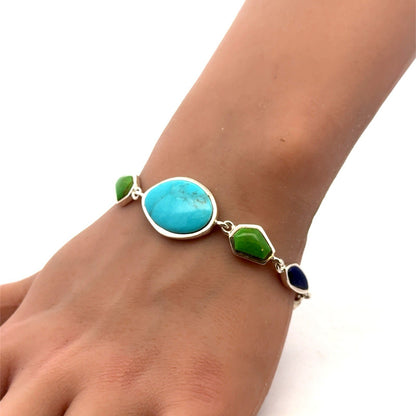 Barse 925 Sterling Silver Turquoise Lapis Lazuli Jasper Coral Station Bracelet