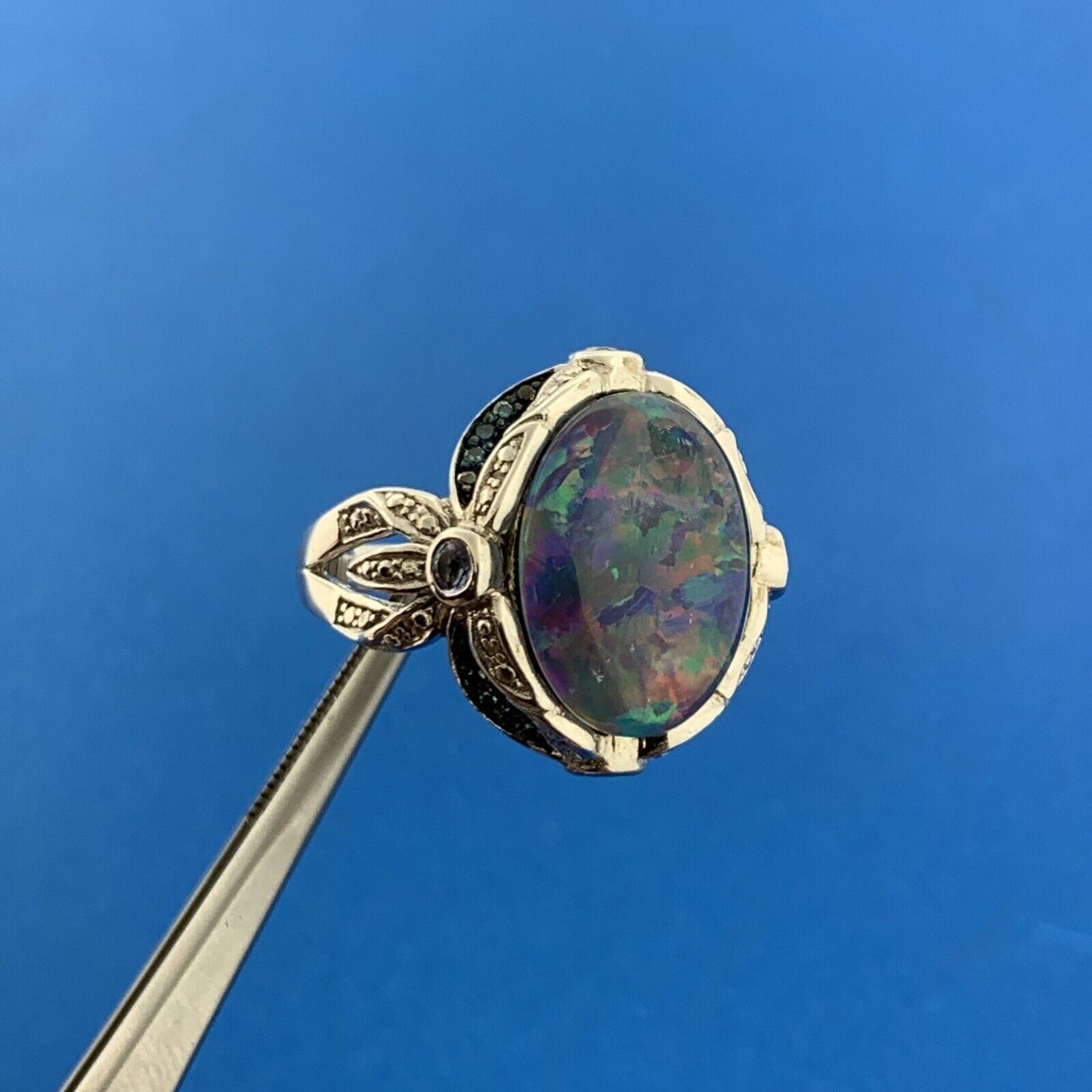 Designer 925 Sterling Silver Opal Doublet Amethyst Blue Diamond Accented Ring