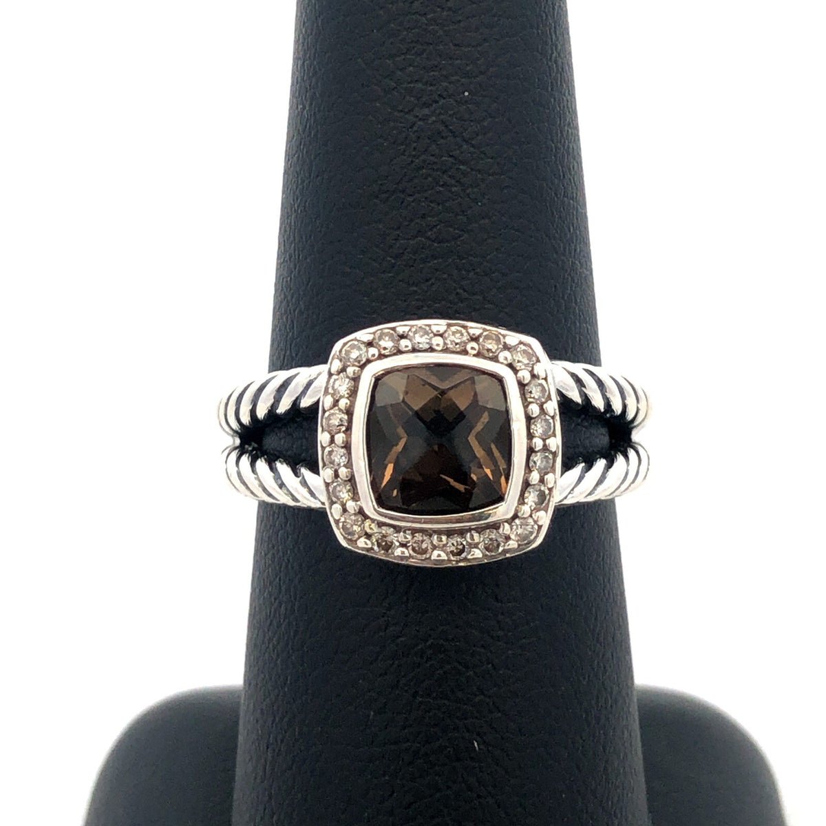 David Yurman 925 Sterling Silver Smoky Quartz Diamond Halo Petite Albion Ring