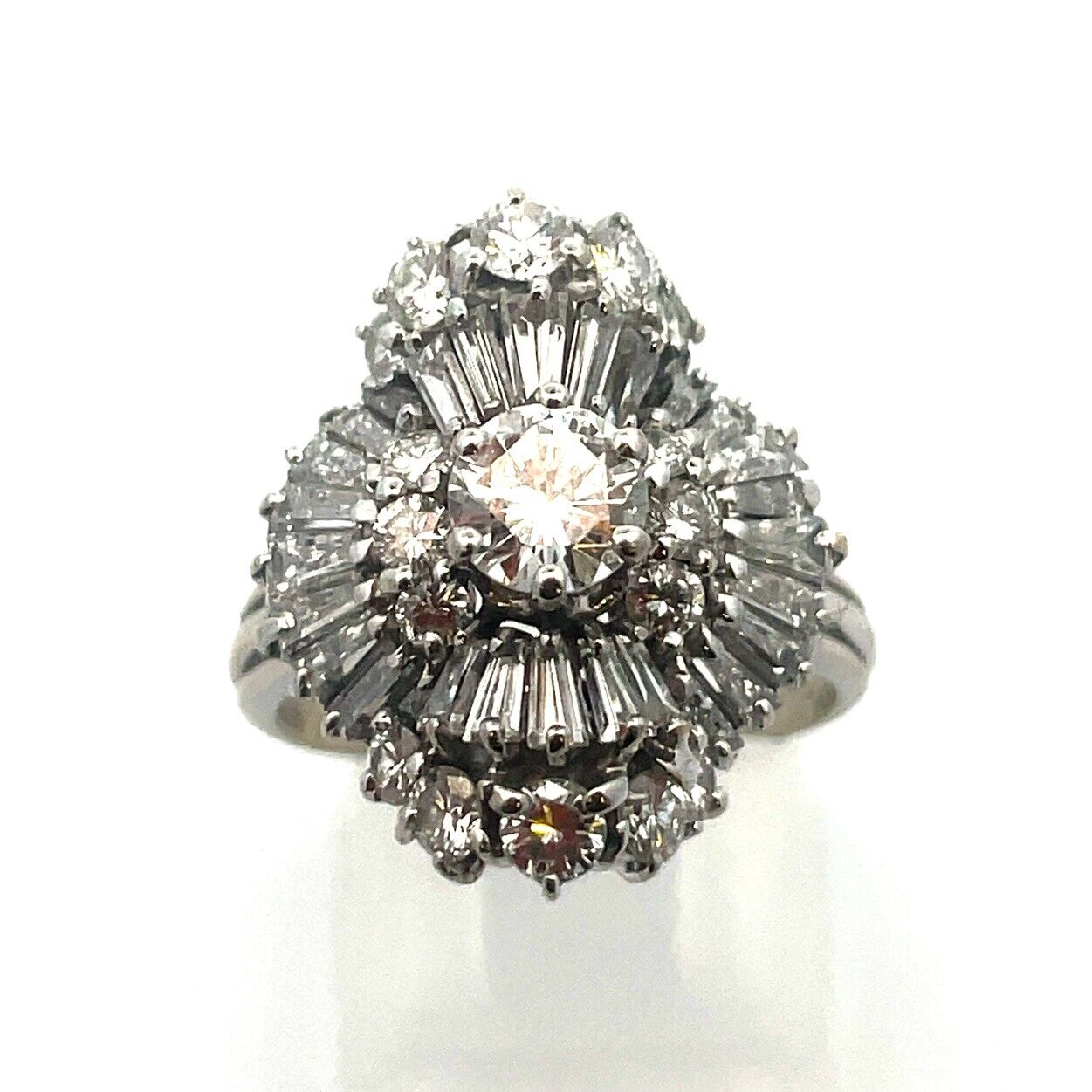 Estate 14K White Gold Round Diamond Center Waterfall Wave Accented Cocktail Ring