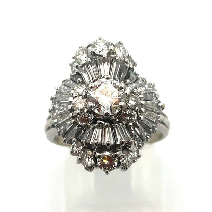 Estate 14K White Gold Round Diamond Center Waterfall Wave Accented Cocktail Ring