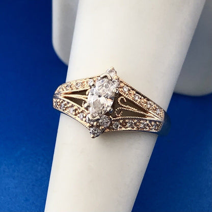 Stunning 14K Yellow Gold Marquise Diamond Solitaire W/Accents Engagement Ring