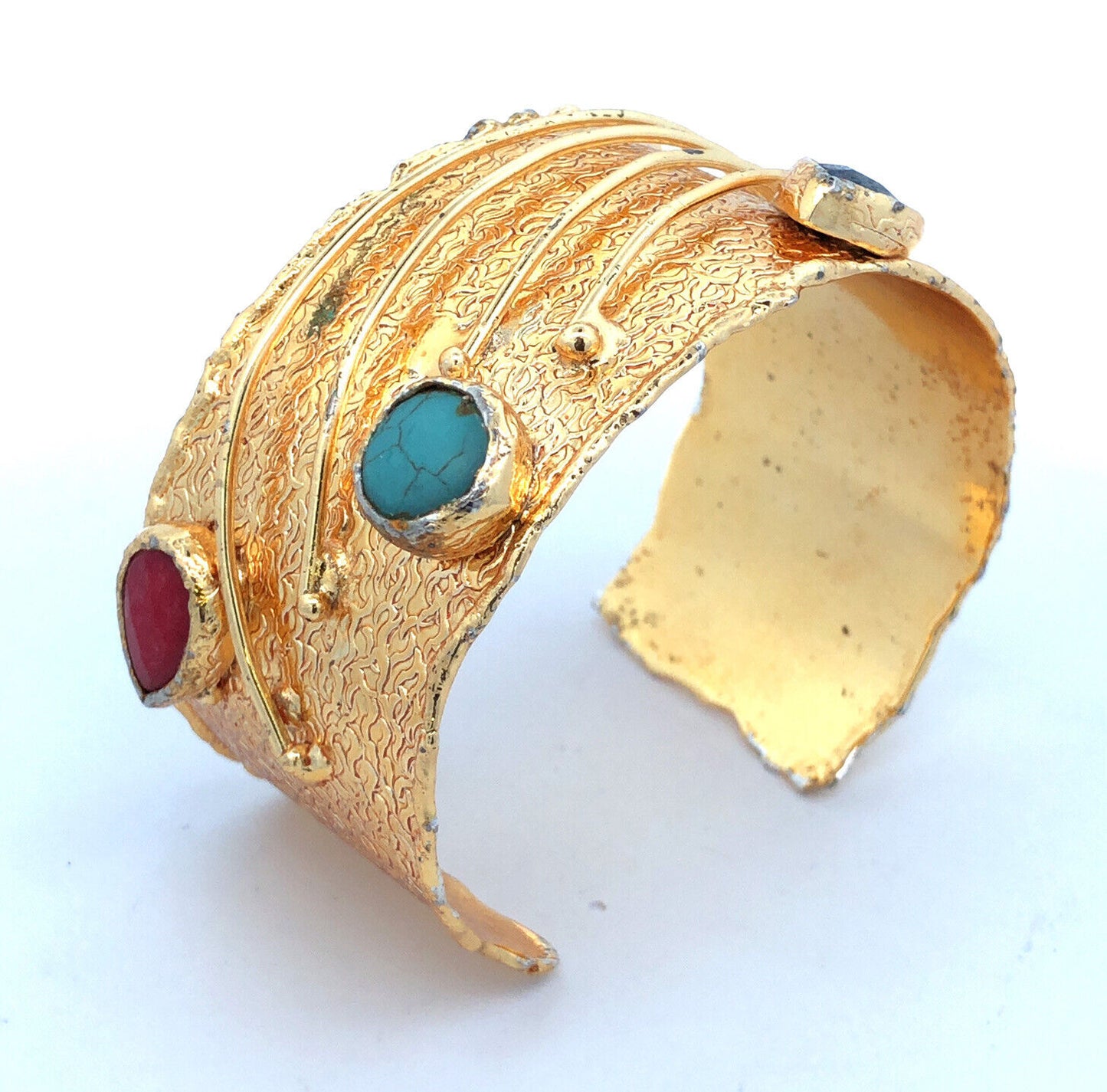 Retro Gold Tone Lapis Lazuli Turquoise Pink Tourmaline Wide Open Cuff Bracelet