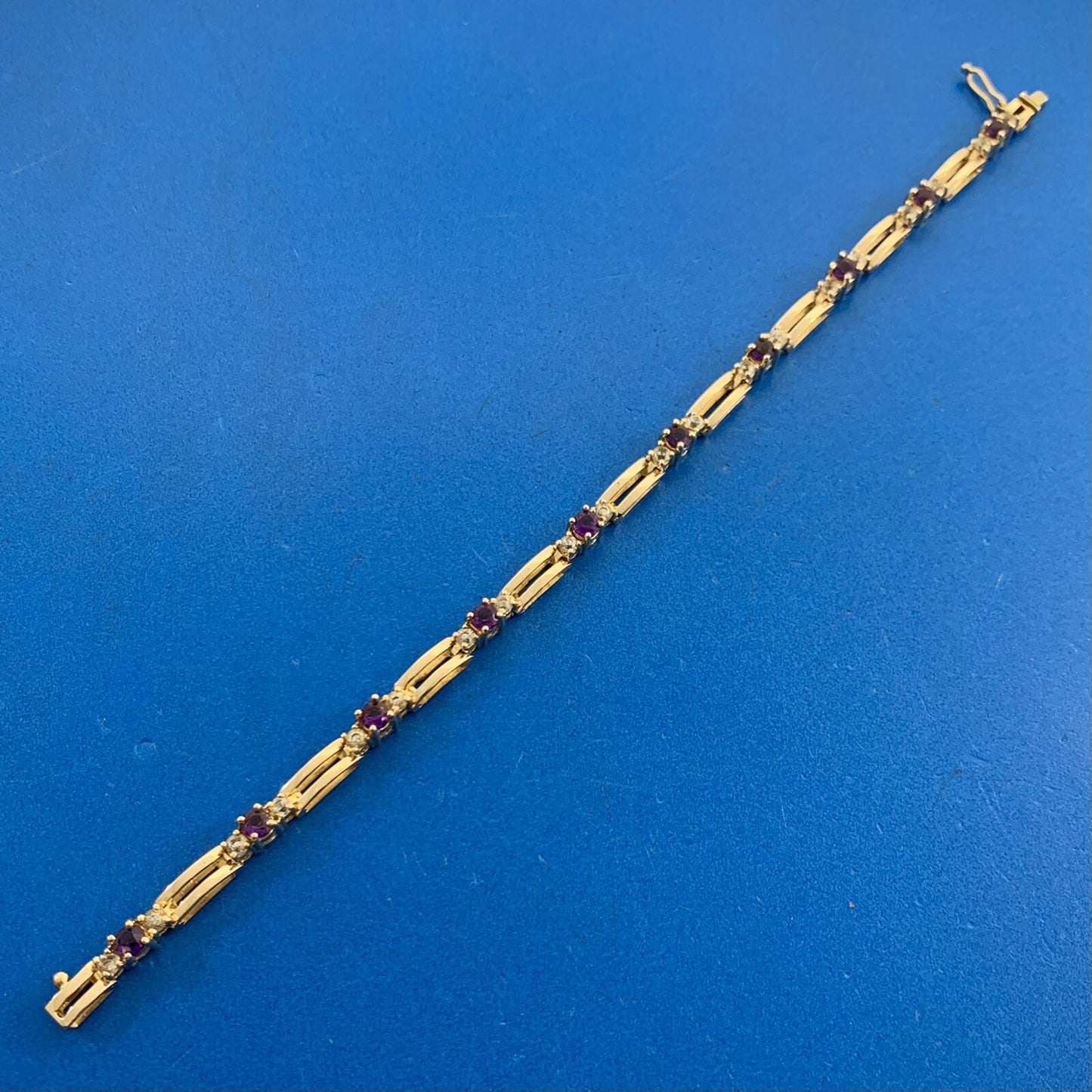 14K Yellow Gold Amethyst White Topaz Accented Station Tennis Bracelet