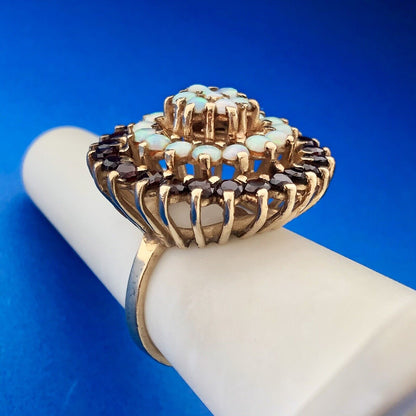 Lovely 14k Yellow Gold White Opal Garnet Floral Circle Cluster Dome Ring Size 7