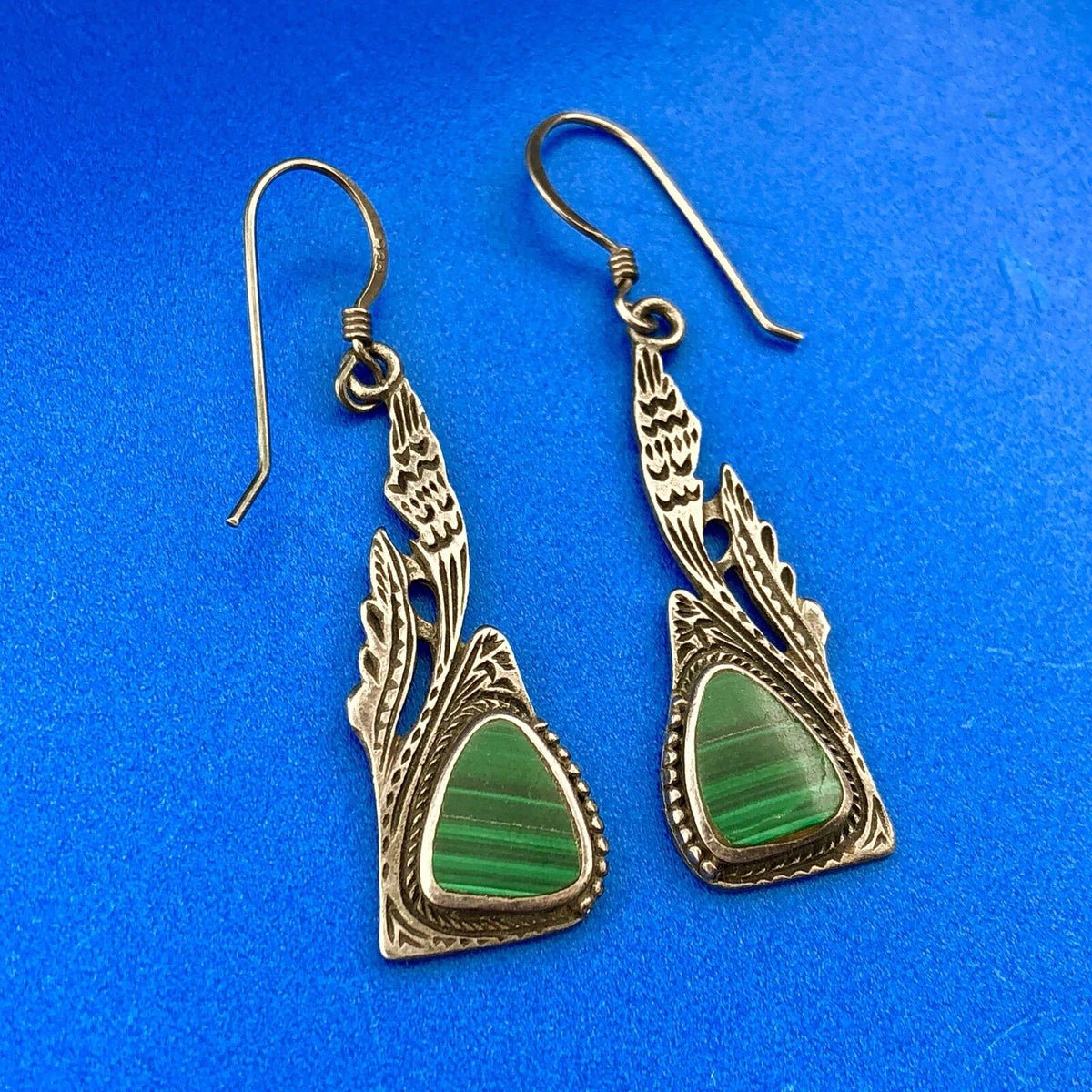 Estate Sterling Silver Malachite Trilliant Feather Wings Motif Dangle Earrings
