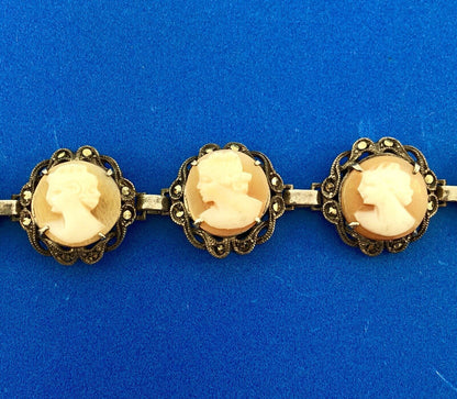 Art Deco Sterling Silver 925 Carved Cameo Marcasite Accented Panel Bracelet