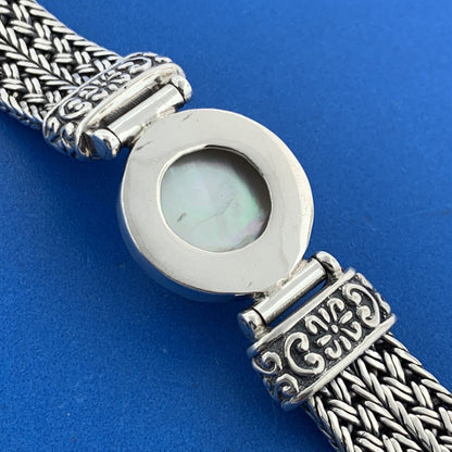 Designer Sterling Silver Mabe Pearl Cabochon Balinese Style Statement Bracelet