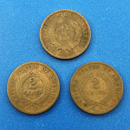 1866 P Bronze Two-Cent Piece Three Coin Mixed Date Union Shield Philadelphia Lot