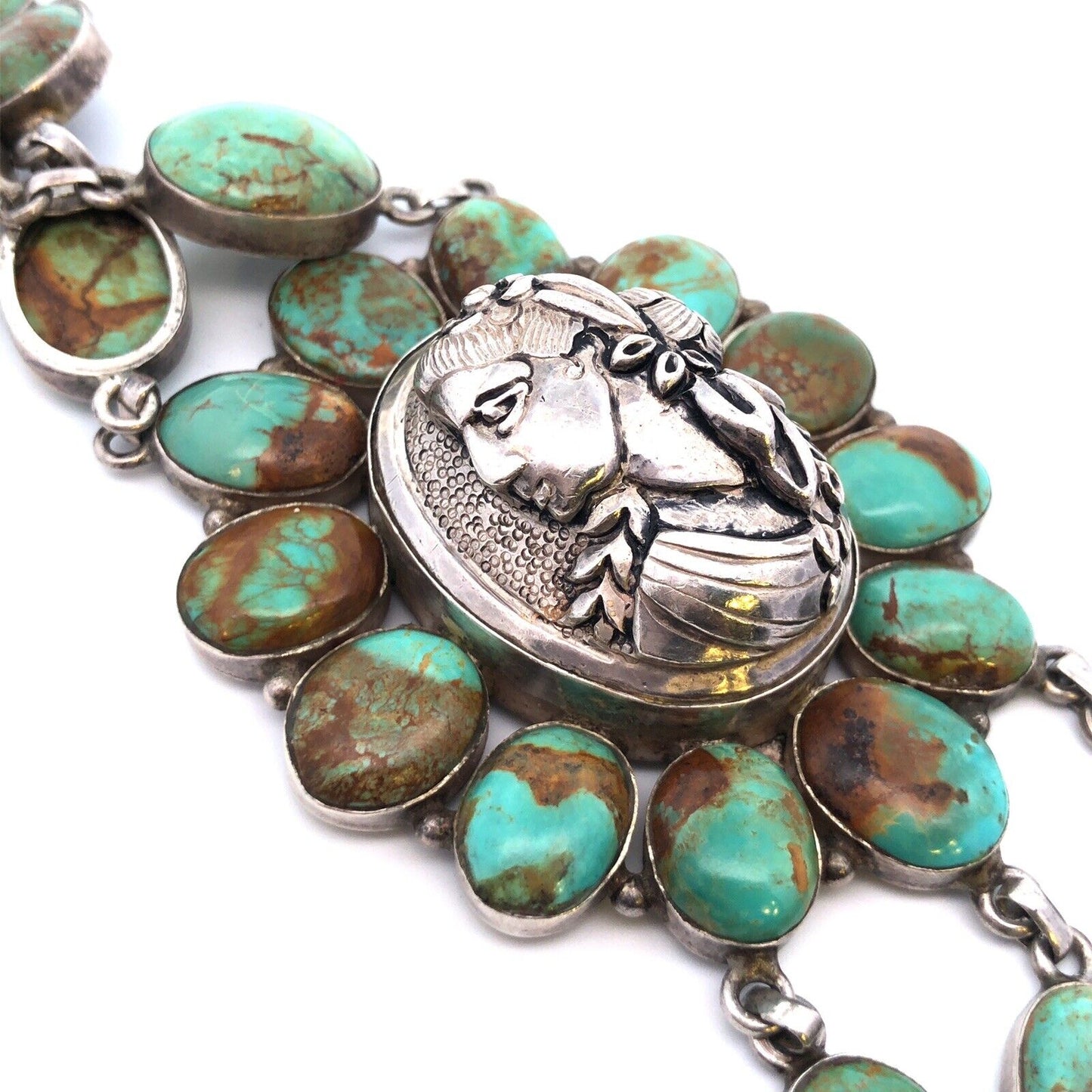 Vintage Native American 925 Sterling Silver Green Turquoise Statement Necklace