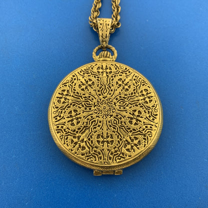 Vintage Gold Tone Guilloche Enamel Roses Ladys Compact Statement Necklace