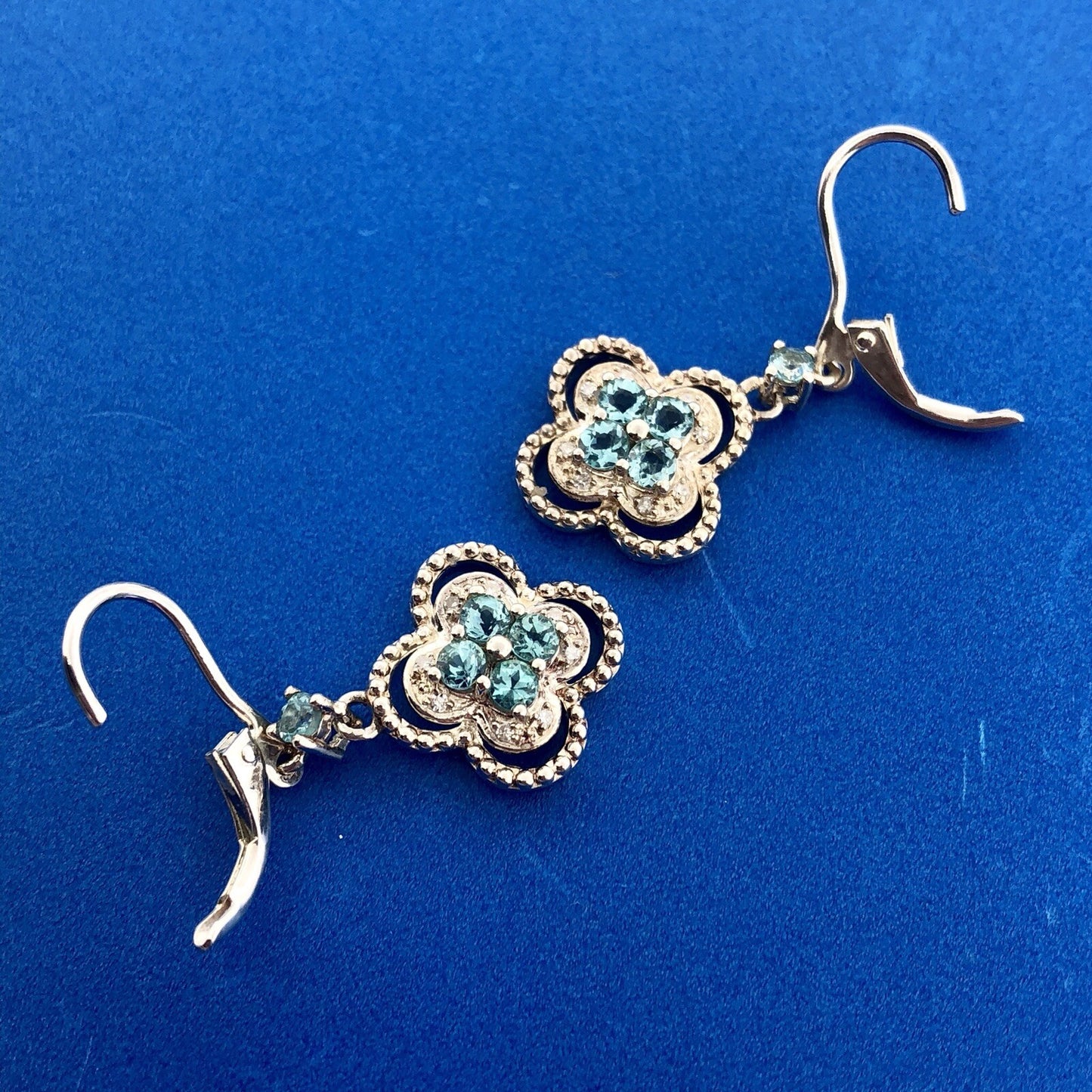 Designer Sterling Silver 925 Blue Topaz Diamond Flower Drop Dangle Earrings