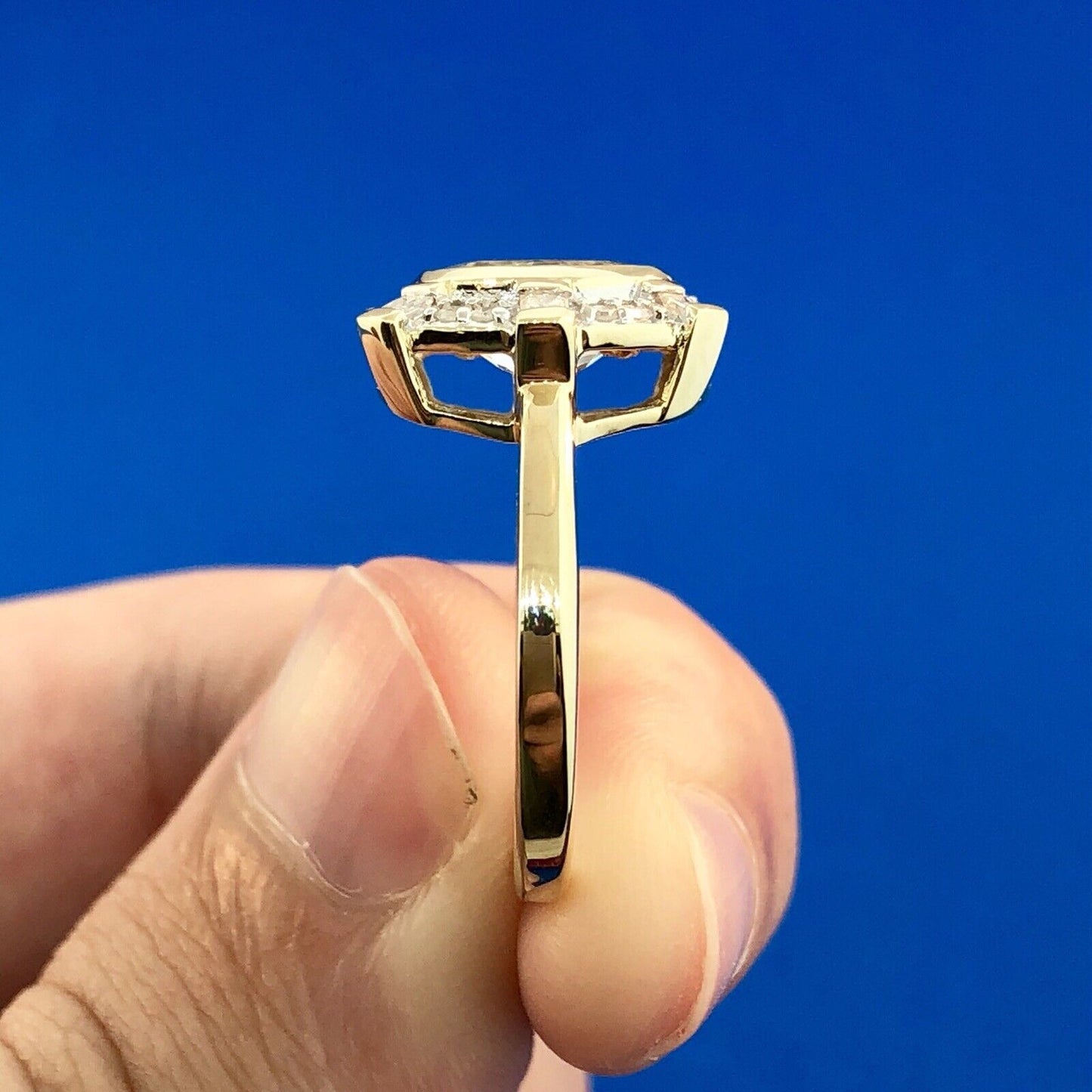 Designer 10K Yellow Gold Aquamarine Diamond Halo March Birthday Anniversary Ring