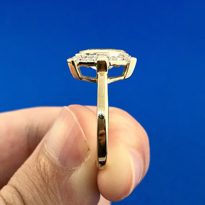 Designer 10K Yellow Gold Aquamarine Diamond Halo March Birthday Anniversary Ring