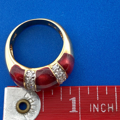 Stunning 925 Sterling Silver Red Enamel Cubic Zirconia Statement Dome Ring
