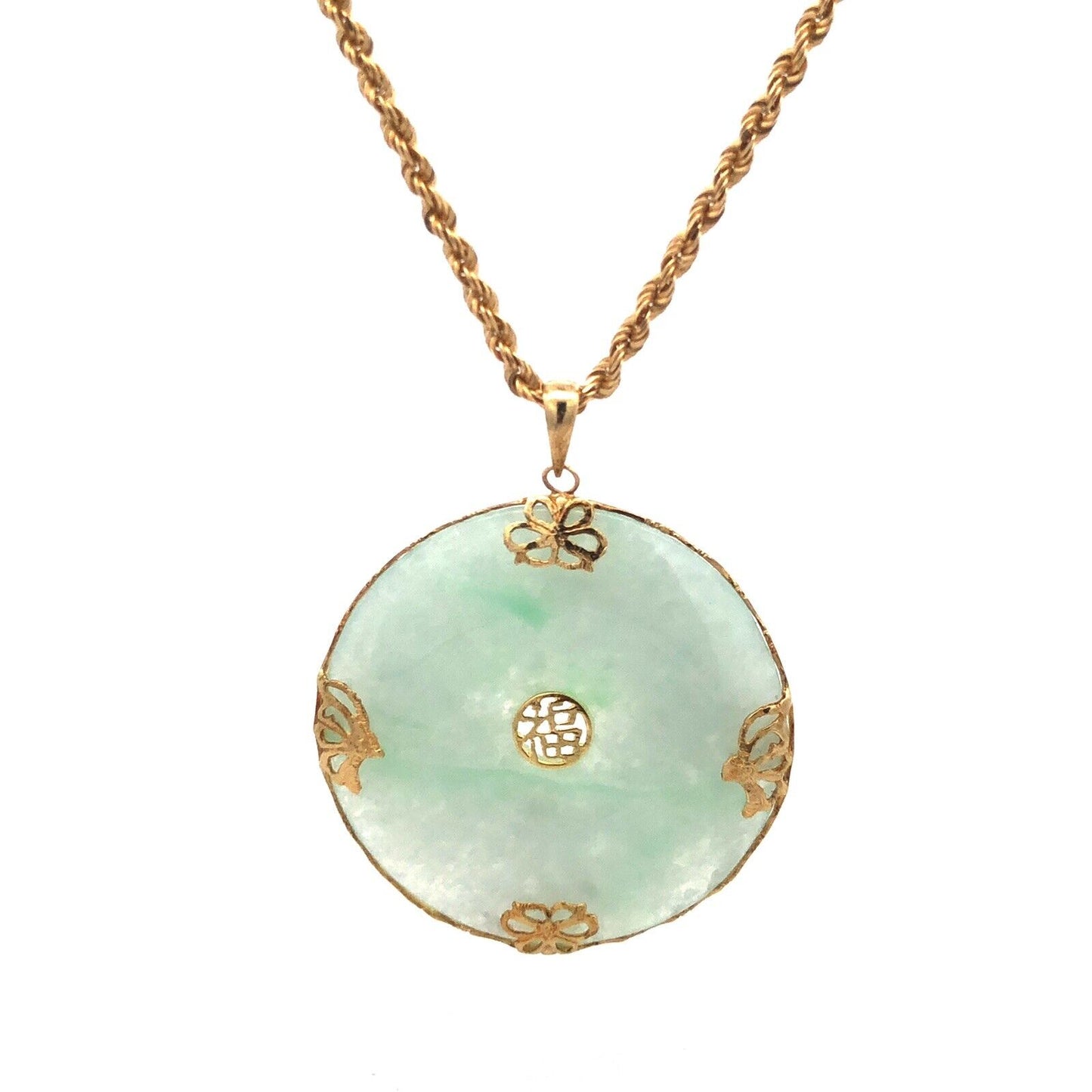 Designer 14K Yellow Gold Jade Good Luck Symbol Statement Pendant Necklace