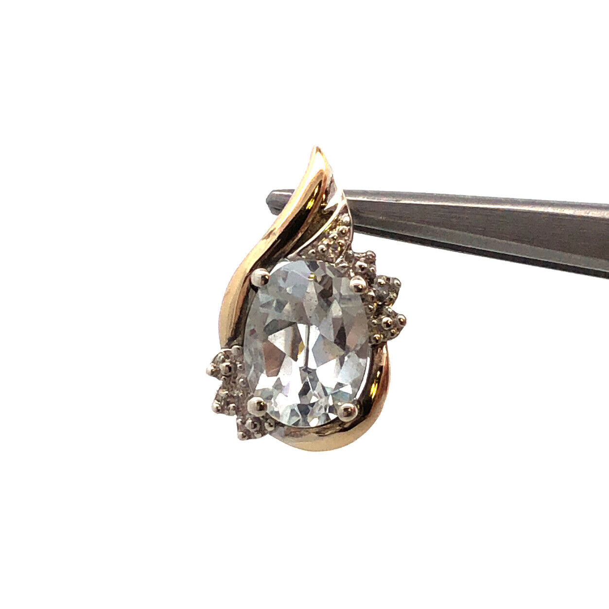 Designer 925 Sterling Silver 10K Gold Oval Light Blue Topaz Diamond Pendant