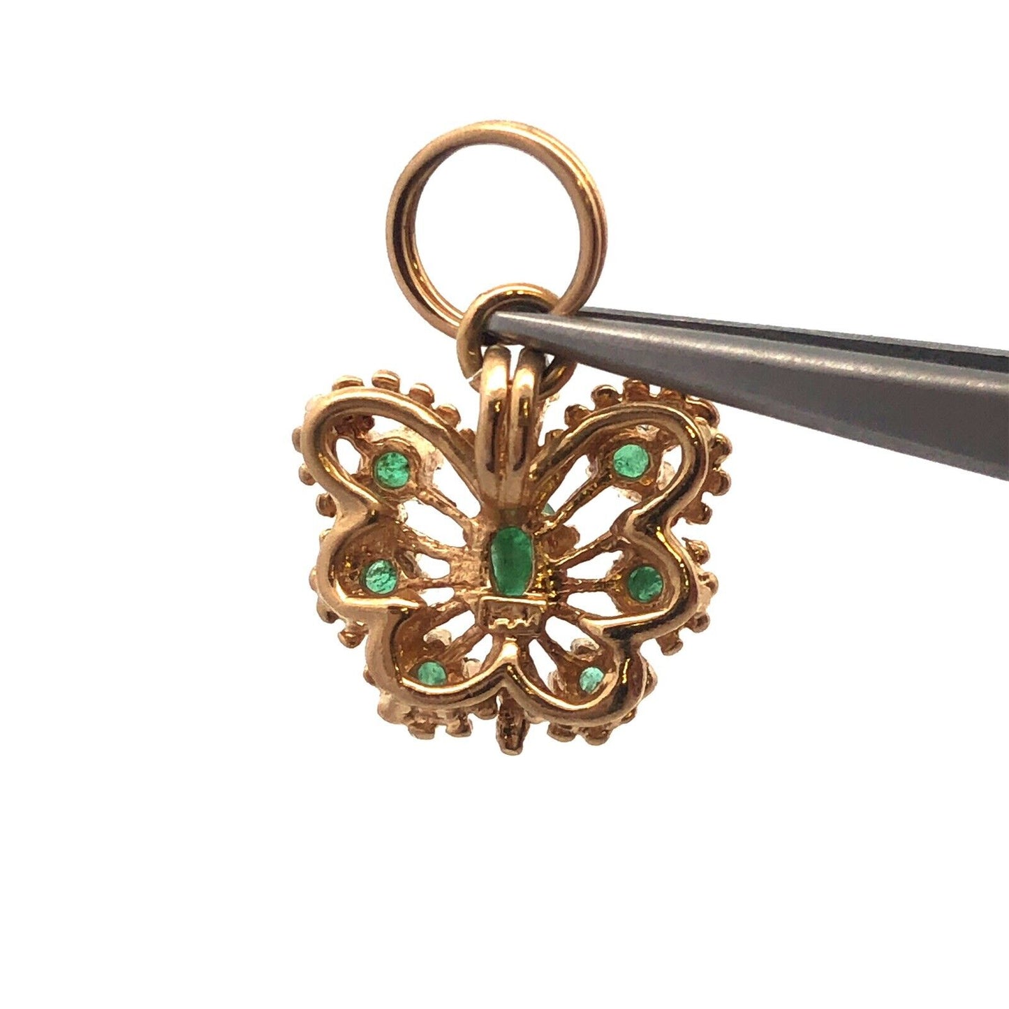 Charming Vintage 14K Yellow Gold Emerald Butterfly Filigree Charm Pendant