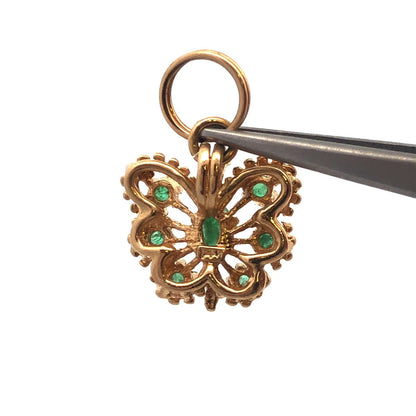Charming Vintage 14K Yellow Gold Emerald Butterfly Filigree Charm Pendant