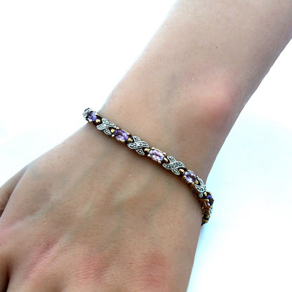 925 Sterling Silver Vermeil Designer Amethyst Diamond XO Tennis Bracelet