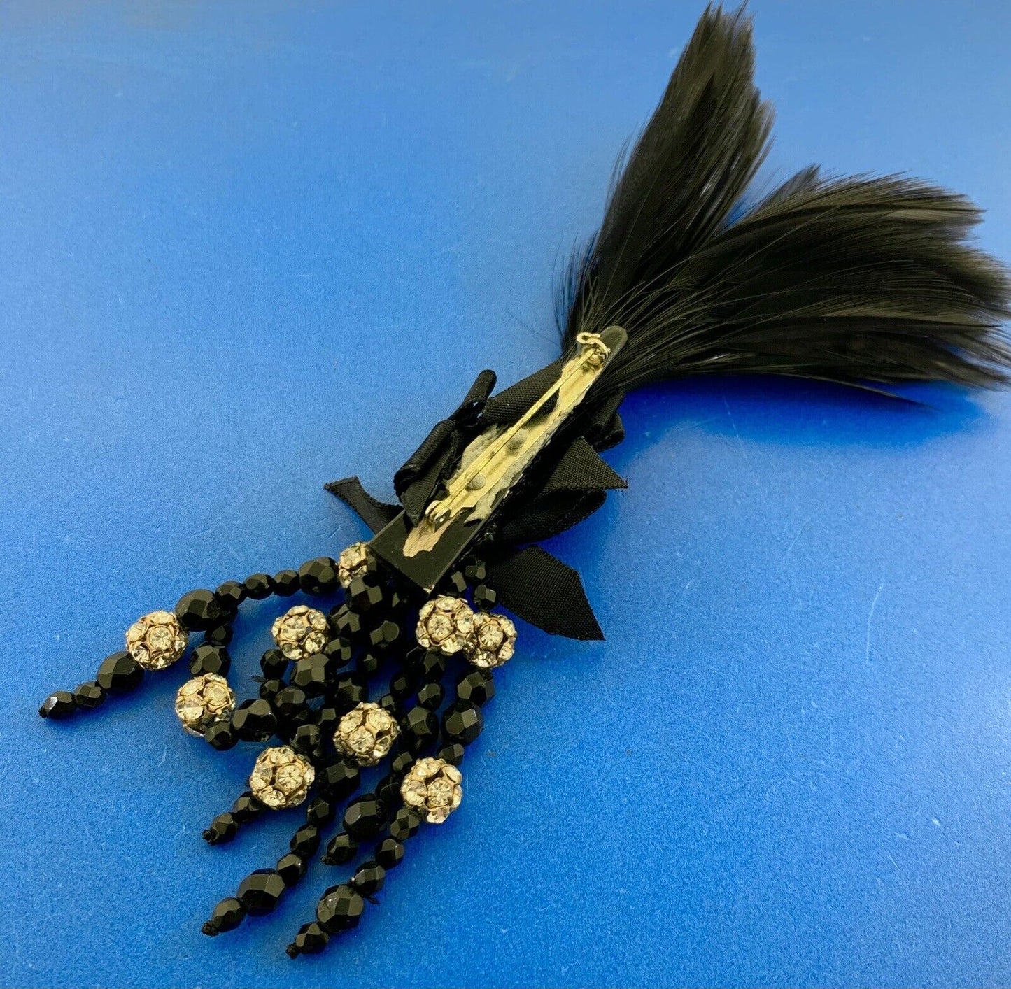 Vintage Runway Couture Black Feather Ribbon Rhinestone Jet Bead Flashy Brooch