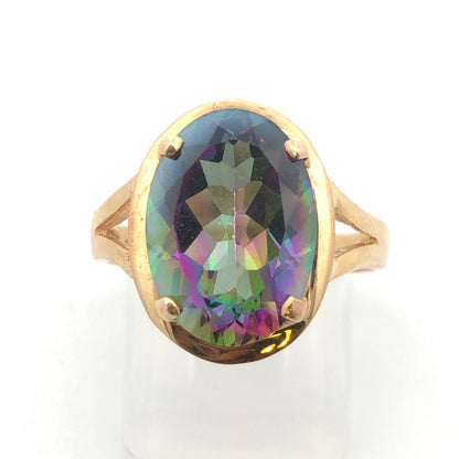 14K Yellow Gold Oval Mystic Topaz Healing Good Luck Power Statement Ring