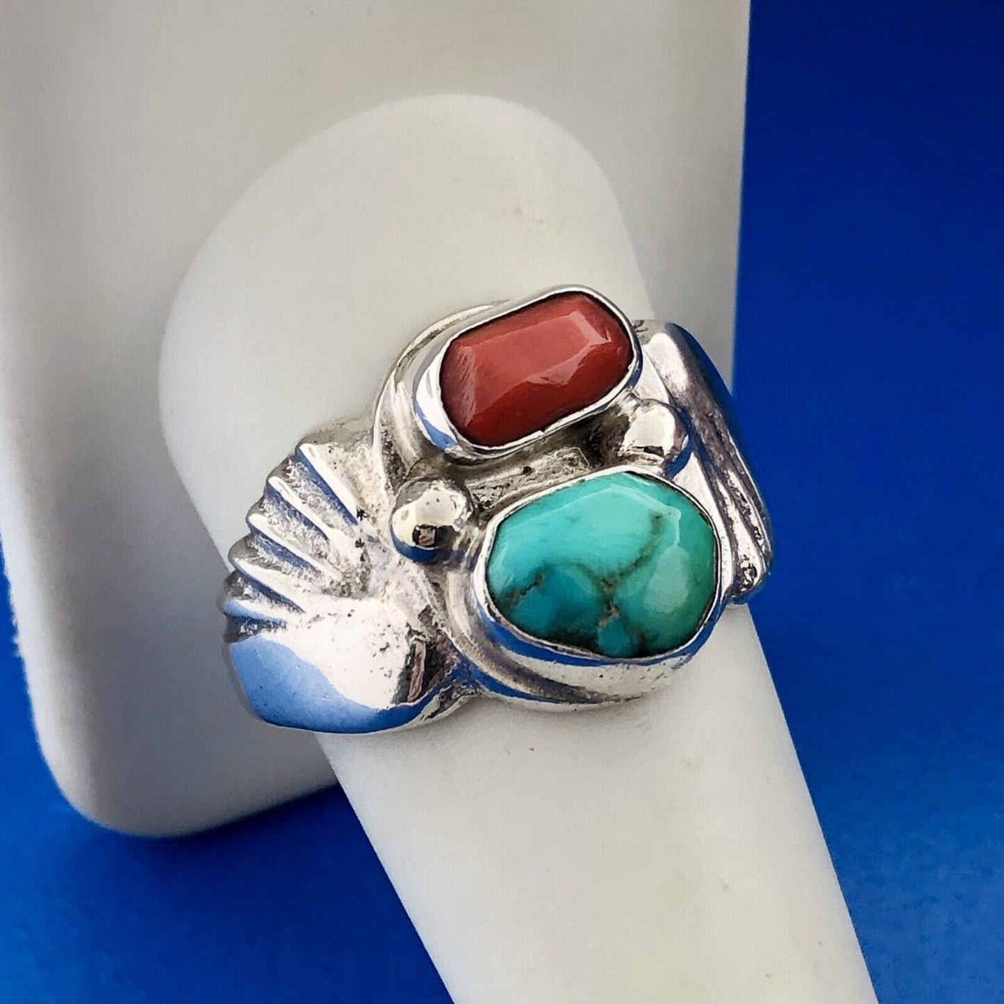 Stunning Sterling Silver 925 Chunky Turquoise Coral Wing Ring Size 10.5